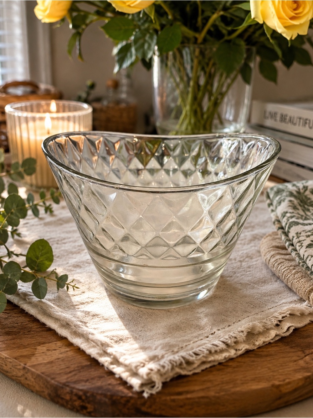 Vintage Clear Diamond-Pattern Pressed Glass Bowl